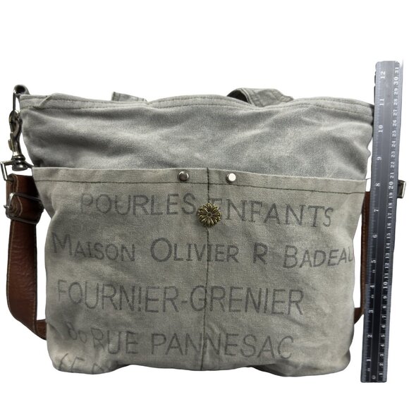 Vintage French Canvas Crossbody Bag Stenciled Text Leather Strap Utility Purse - Picture 9 of 10